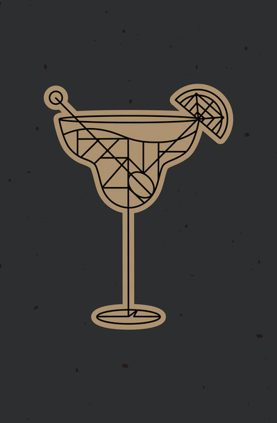 Art deco cocktail margarita tekening in lijn stijl op donkere achtergrond - Vector, afbeelding