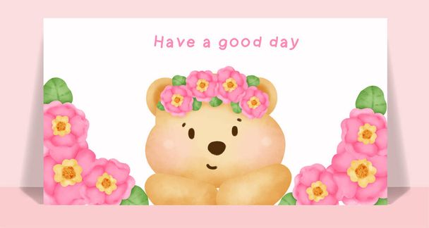 Watercolor Teddy bear in a flower garden card . - Vector, afbeelding