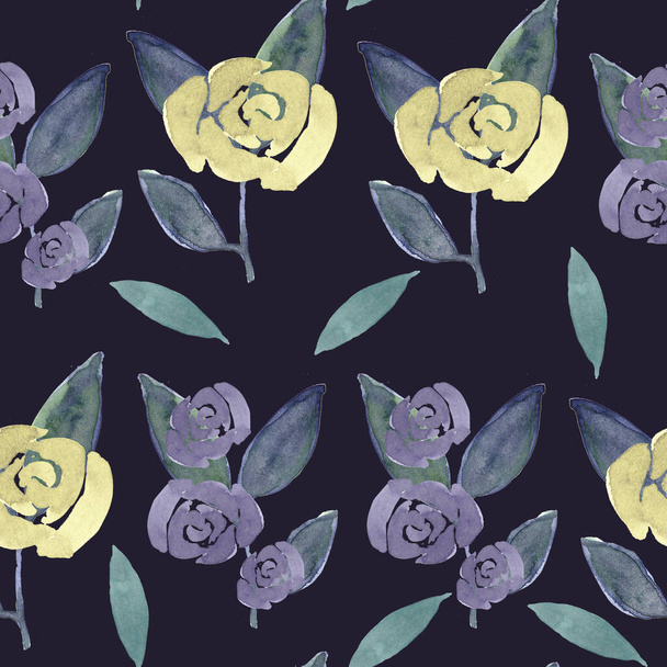 watercolor illustration seamless pattern,golden roses on a stem with leaves and small purple roses on a dark background,for fabric and furniture - Valokuva, kuva