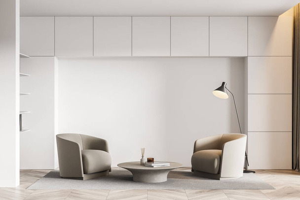 Moderno soggiorno interno con due poltrone e tavolino con libri, lampada in minimalista sala lettura bianca con moquette e pavimento in legno. Mockup copia spazio muro vuoto, rendering 3D - Foto, immagini