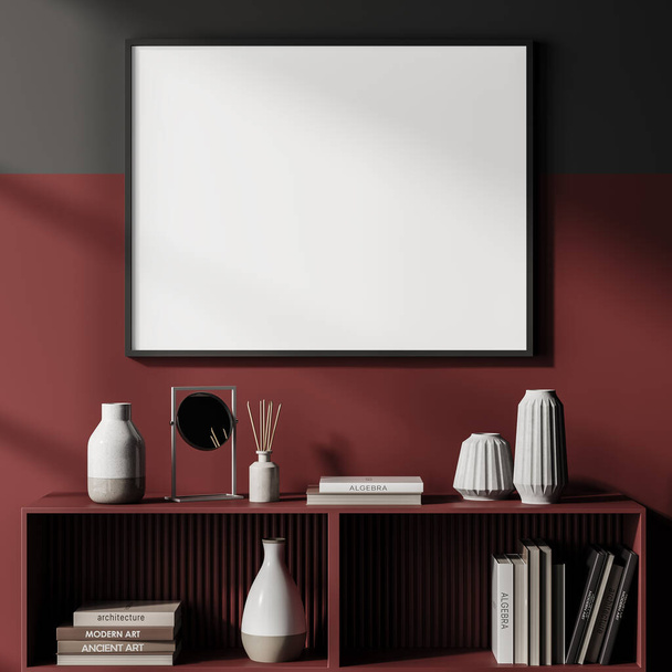 Art room interior with minimalist red wooden drawer with row of books, vases and decoration. Blank poster mock up on wall, 3D rendering - Foto, afbeelding