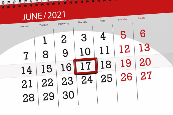 Kalenderblatt für den Monat Juni 2021, Deadline 17., Donnerstag. - Foto, Bild