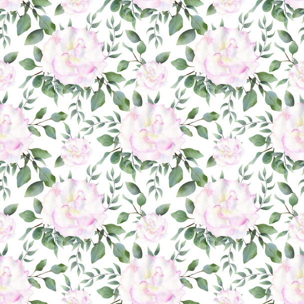 Seamless floral pattern. Watercolor botanical illustration with white and pink roses and eucalyptus leaves for textile and wedding decor - Photo, Image