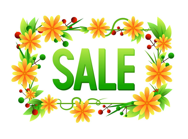   Sale banner. Spring and summer sales in floral designs. Sale in a frame of wildflowers. Vector illustration. - ベクター画像