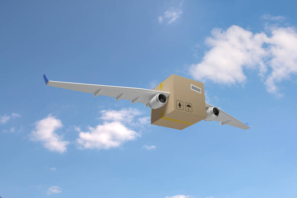 Caja de cartón con alas de avión sobre fondo azul cielo. Concepto de envío. ilustración 3d. - Foto, Imagen