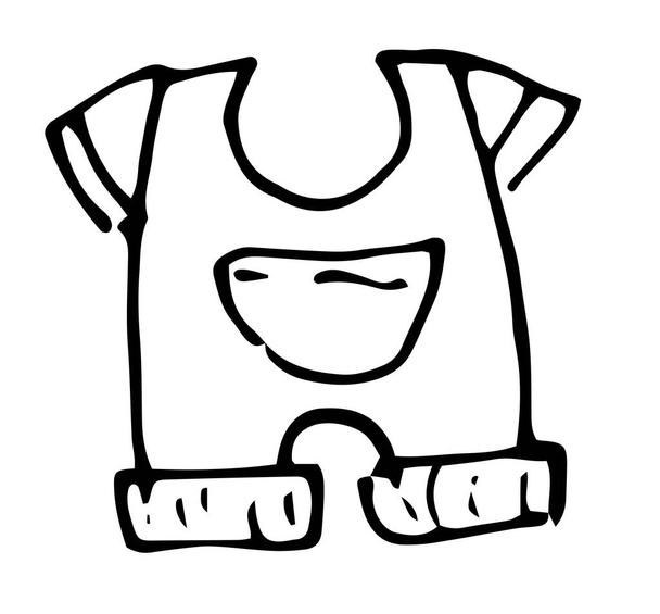 Vector isolated element of children's clothing children's pants with T-shirt with a pocket on the stomach and a seam texture, black outline on a white background, hand-drawn in the style of a doodle for a label design template, postcards. Hand drawn  - Vettoriali, immagini