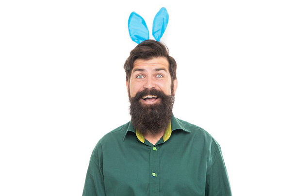 happy easter holiday. funny man in rabbit ears. brutal easter man isolated on white. bunny hunt. - Foto, immagini