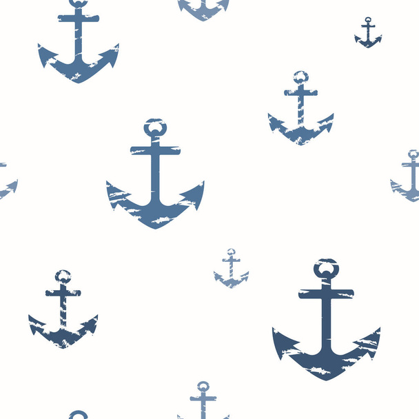 Marine seamless pattern with blue tattered anchors on a white background.  - Vector, Image
