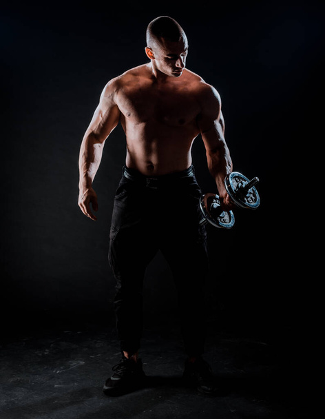 Handsome power athletic guy bodybuilder doing exercises with dumbbell - Foto, Imagen
