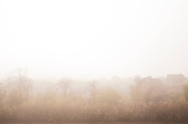 Een mistige ochtend in een dorpslandschap. Landhuizen in Fog View. Rustige bomen en klein plattelandsdorp. Rustieke achtergrond afbeelding. Panorama van straathuizen. Kopieerruimte - Foto, afbeelding