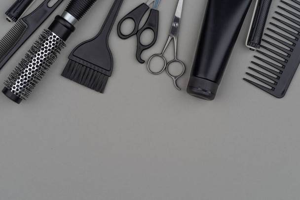 Hair stylist tools, hairdresser toolset for hairstyle and beard grooming in a barbershop, beauty care routine concept. Free space for text. Barber tool. Copy space. - Zdjęcie, obraz
