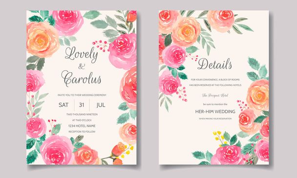 Hochzeitseinladungskarte mit Blumen und Blättern Aquarell - Vektor, Bild