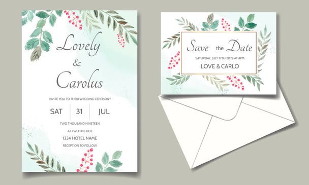 Tarjeta de invitación de boda con flores y hojas acuarela - Vector, imagen