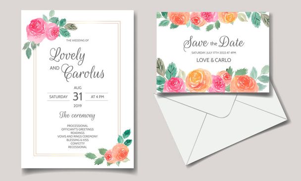 Wedding invitation card with floral and leaves watercolor - Vector, Image