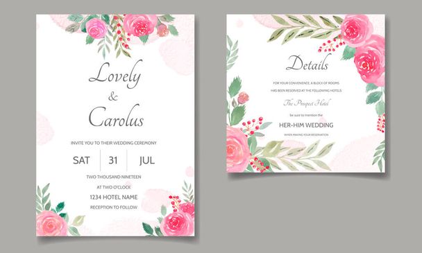 Свадебный пригласительный билет с цветочными и листьями акварели - Вектор,изображение