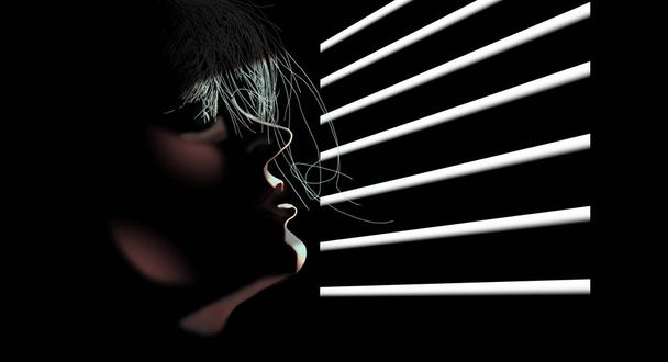 Une femme vieillissante aux cheveux gris regarde par la fenêtre à travers des lamelles aveugles de fenêtre dans cette illustration 3D. - Photo, image
