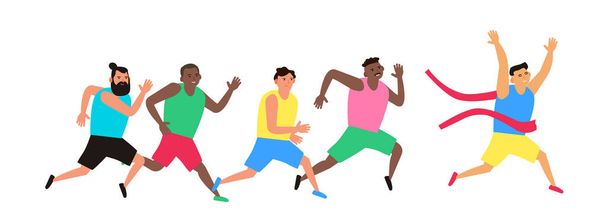 asiático hombre corredor cruzar meta línea hombres atlético carrera carrera sprint competencia vector ilustración - Vector, Imagen