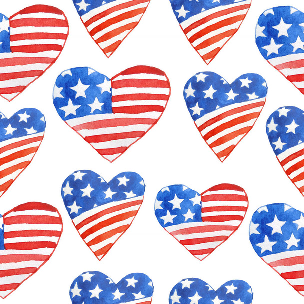 アメリカ独立4日目7月愛国的背景ハートの水彩のシームレスな手描きパターンは、プリントが大好きです。赤青白縞星のデザイン、お祝いの夏のパーティー. - 写真・画像