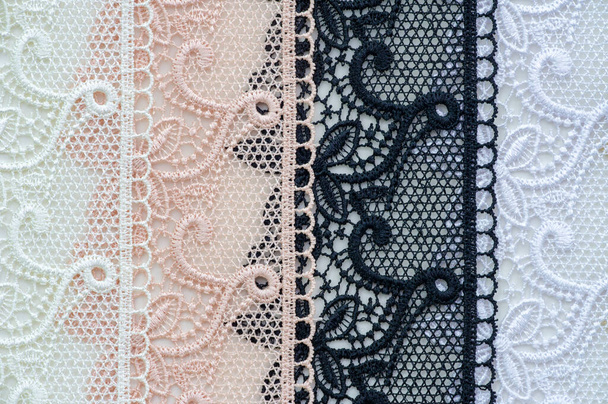 Lace ribbons. Organza ribbon with an elegant cut, beautiful woven lace, decorated with flowers, versatile. Perfect for your design, etc. - Photo, Image