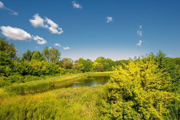 krajobraz z rzeką, zielenią i zachmurzone niebo - Zdjęcie, obraz