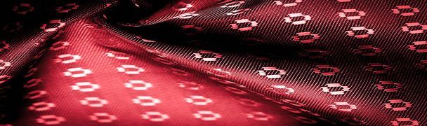 Tejido de seda hecho de rubí rojo, con un pequeño patrón de cuadrados, rombos. Riqueza y lujo en su diseño. Textura de fondo, ornamento decorativo - Foto, Imagen