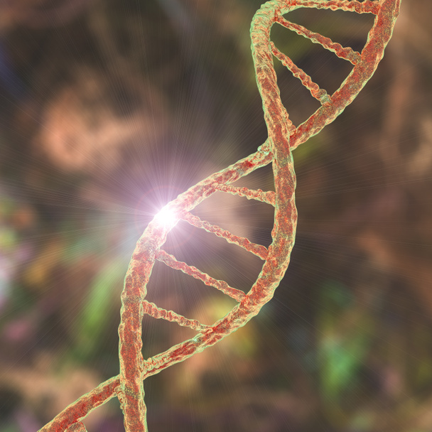 Genetische mutatie, conceptuele 3D illustratie. Dubbel gestrande DNA molecuul met mutatie in een gen. Concept voor genetische stoornis. Vernietigd menselijk genoom. DNA-vernietiging en genmutatie - Foto, afbeelding