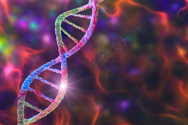 遺伝的変異、概念的な3Dイラスト。遺伝子の変異を持つ2本鎖DNA分子。遺伝性疾患の概念。ヒトゲノムを破壊した。DNA破壊と遺伝子変異 - 写真・画像
