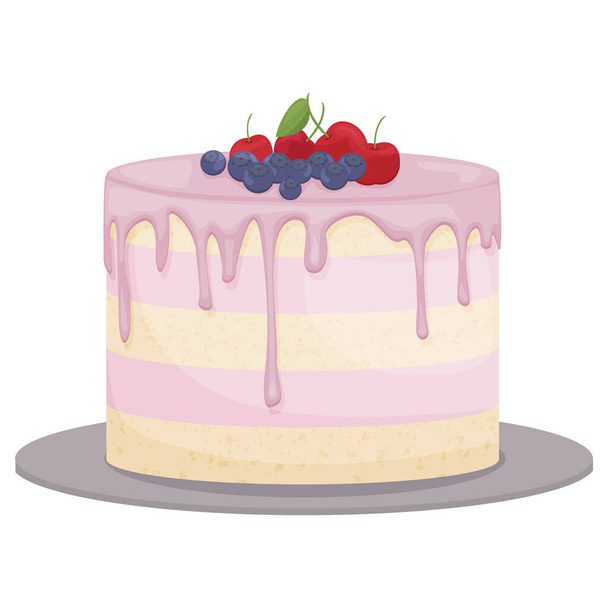Cake with pink icing decorated with cherries and blueberries on a white background - Διάνυσμα, εικόνα