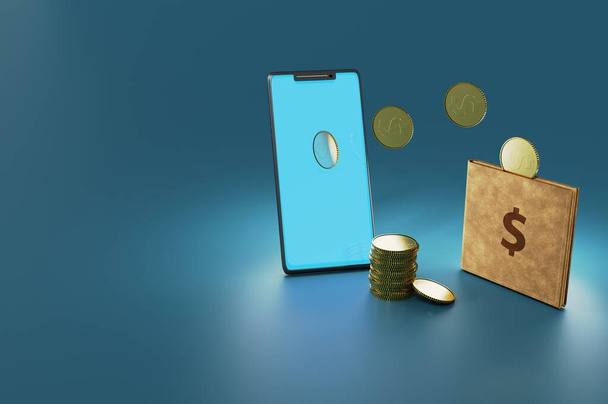 3D ilustrace. Online převod peněz, mobilní platby. Koncept s chytrým telefonem a peněženkou, lze použít pro přistávací stránku, šablonu, ui, web, mobilní aplikace, plakát, banner, leták - Fotografie, Obrázek
