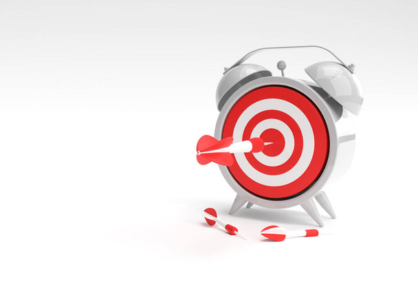 3D Render Budzik Target ze strzałką Zarządzanie czasem, Planowanie, Business Targeting i inteligentne rozwiązania Design. - Zdjęcie, obraz