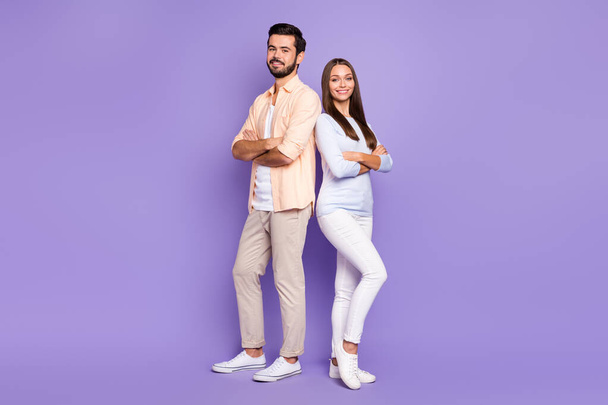 Full size photo of two satisfied friendly persons folded hands beaming smile isolated on violet color background - Valokuva, kuva