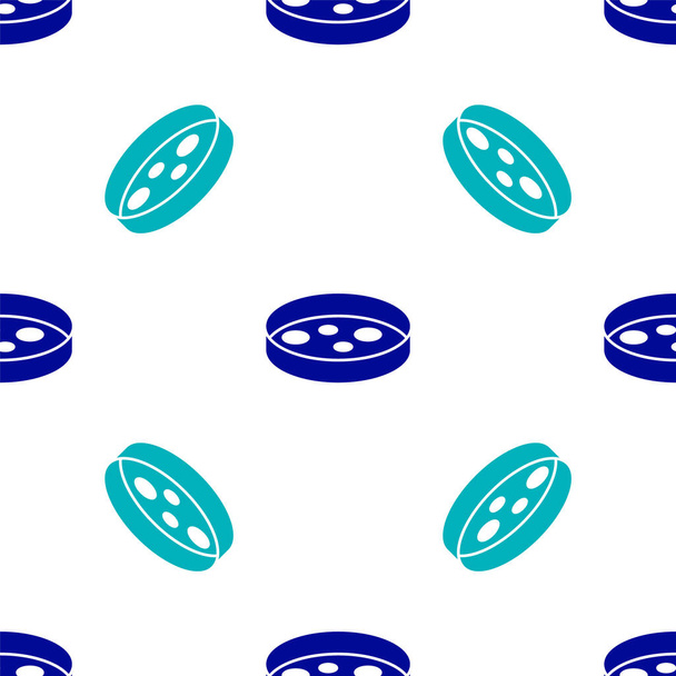 白い背景にバクテリアのアイコンの隔離されたシームレスなパターンを持つブルーペトリ皿。ベクトル. - ベクター画像
