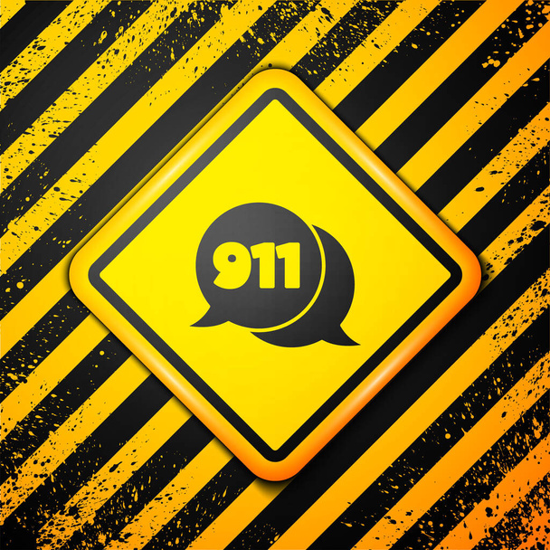 Téléphone noir avec appel d'urgence 911 icône isolée sur fond jaune. Police, ambulance, pompiers, appel, téléphone. Panneau d'avertissement. Vecteur. - Vecteur, image