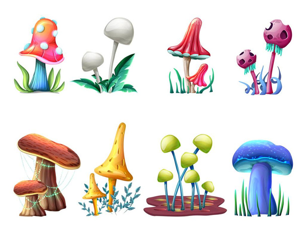 Coleção de vetor estilo cartoon cogumelos fantasia mágica, isolado no fundo branco. Para web, jogos de vídeo, interface de usuário, impressão de design. - Vetor, Imagem