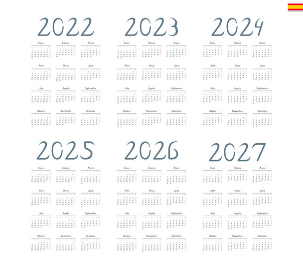 Spanish calendar 2022, 2023, 2024, 2025, 2026, 2027 on white background, week starts on Monday - Vector, Image