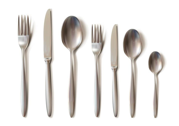 テーブルナイフ、スプーン、フォーク、ティースプーン、魚のスプーンで3Dリアルな刃物セット. - ベクター画像