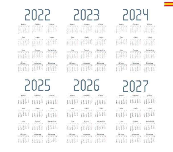 Spanish calendar 2022, 2023, 2024, 2025, 2026, 2027 on white background, week starts on Monday - Vector, Image