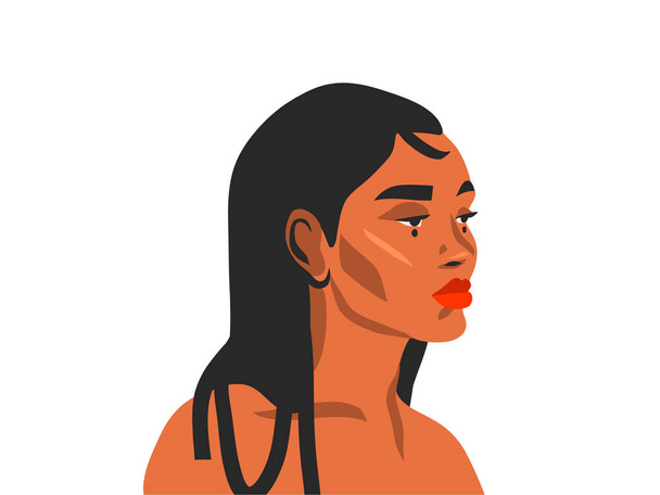 Ручной рисунок вектор абстрактные акции плоская графическая иллюстрация с этнической племенной красивый женский портрет в простой модный стиль моды, изолированные на белом фоне - Вектор,изображение