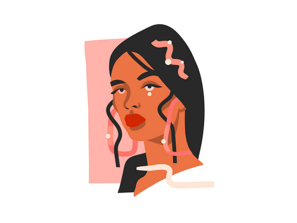 Handgetekende vector abstracte voorraad platte grafische illustratie met etnische tribale mooie vrouw portret in eenvoudige trendy mode stijl, geïsoleerd op witte achtergrond - Vector, afbeelding