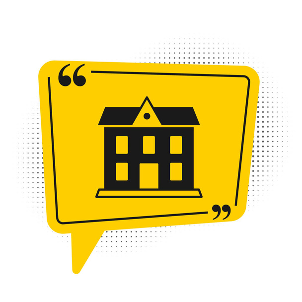 Schwarze Schule Gebäude Symbol isoliert auf weißem Hintergrund. Gelbes Sprechblasensymbol. Vektor. - Vektor, Bild