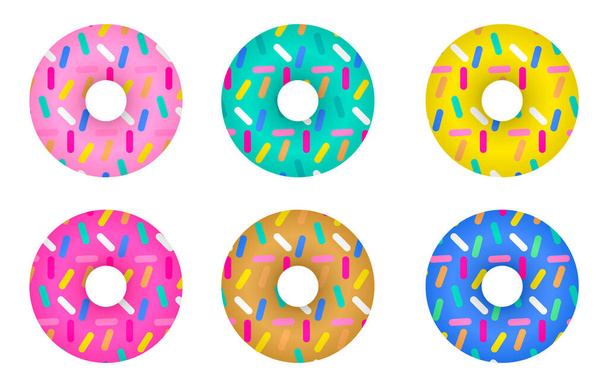 Donuts com esmalte colorido e polvilhas. Conjunto de ilustrações desenhadas à mão vetorial - Vetor, Imagem