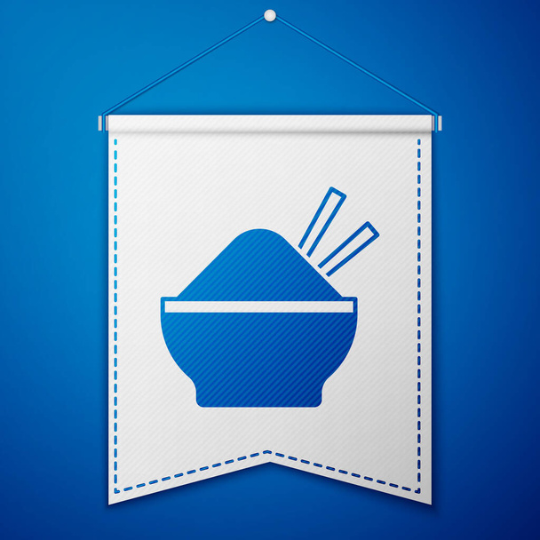 Arroz azul en un tazón con icono de palillo aislado sobre fondo azul. Comida tradicional asiática. Plantilla de banderín blanco. Vector. - Vector, imagen