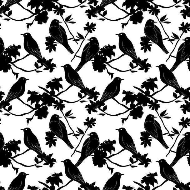 Seamless pattern with silhouette of birds sitting on twigs. Vector background with branches of tree. Decorative vintage wallpaper with birds and leaves - Vector, Imagen