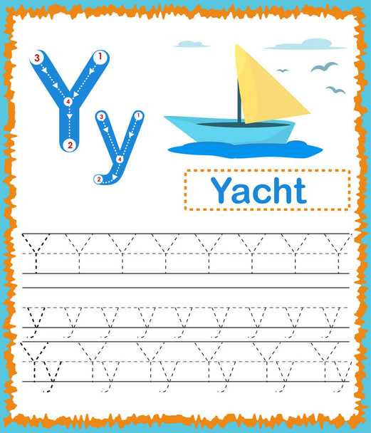 Vector illustration of exercises with cartoon vocabulary for kids. Colorful letter Y Uppercase and Lowercase alphabet A-Z, Tracing and writing daily printable. Handwriting practice worksheet  - Vector, Image
