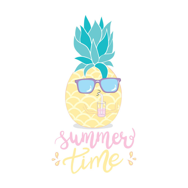 Funny vector background with pineapple in glasses, and hand written text "Hello summer". Hand drawing summer card. - Вектор,изображение