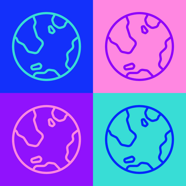 Pop art linea icona del globo terrestre isolato su sfondo colore. Segno del mondo o della Terra. Simbolo internet globale. Forme geometriche. Vettore. - Vettoriali, immagini
