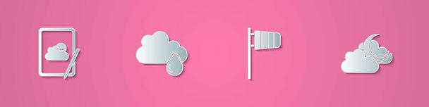 Setzen Sie Papierschnitt Wettervorhersage, Wolke mit Regen, Zylinderwindfahne und Mond-Symbol. Papierkunst. Vektor. - Vektor, Bild