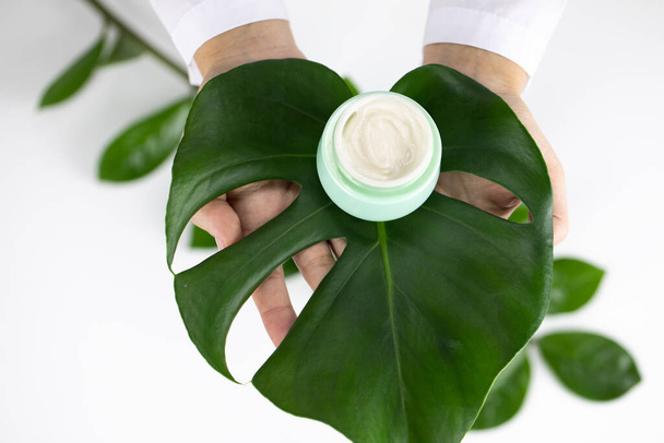 Close-up frasco de creme em grande folha verde em mãos sobre fundo de ervas brancas - Foto, Imagem