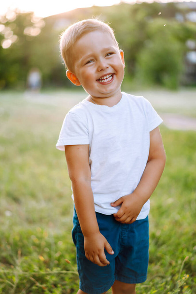 Ένα μικρό αγόρι παίζει στο πάρκο. Χαριτωμένο παιδί απολαμβάνει φρέσκο ανοιξιάτικο καιρό. Παιδική ηλικία. - Φωτογραφία, εικόνα