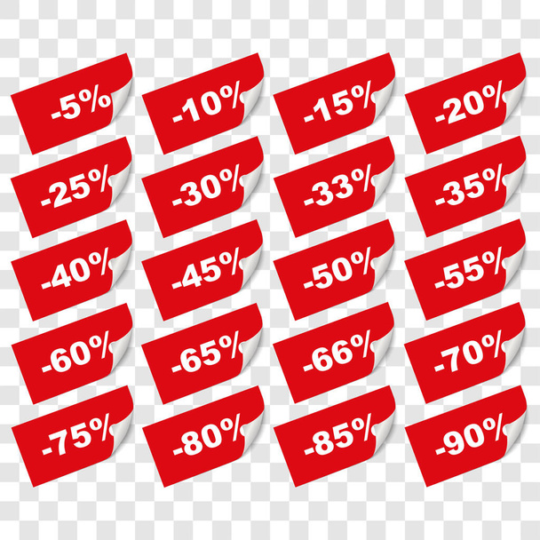 zestaw różnych procent sprzedaży naklejki czerwony baner i etykiety na przezroczystym tle - Wektor, obraz